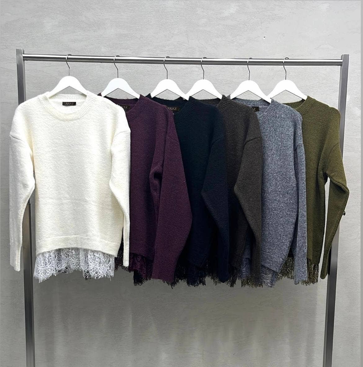 Eyelash Lace-Trim Hem Crewneck Knit Sweater