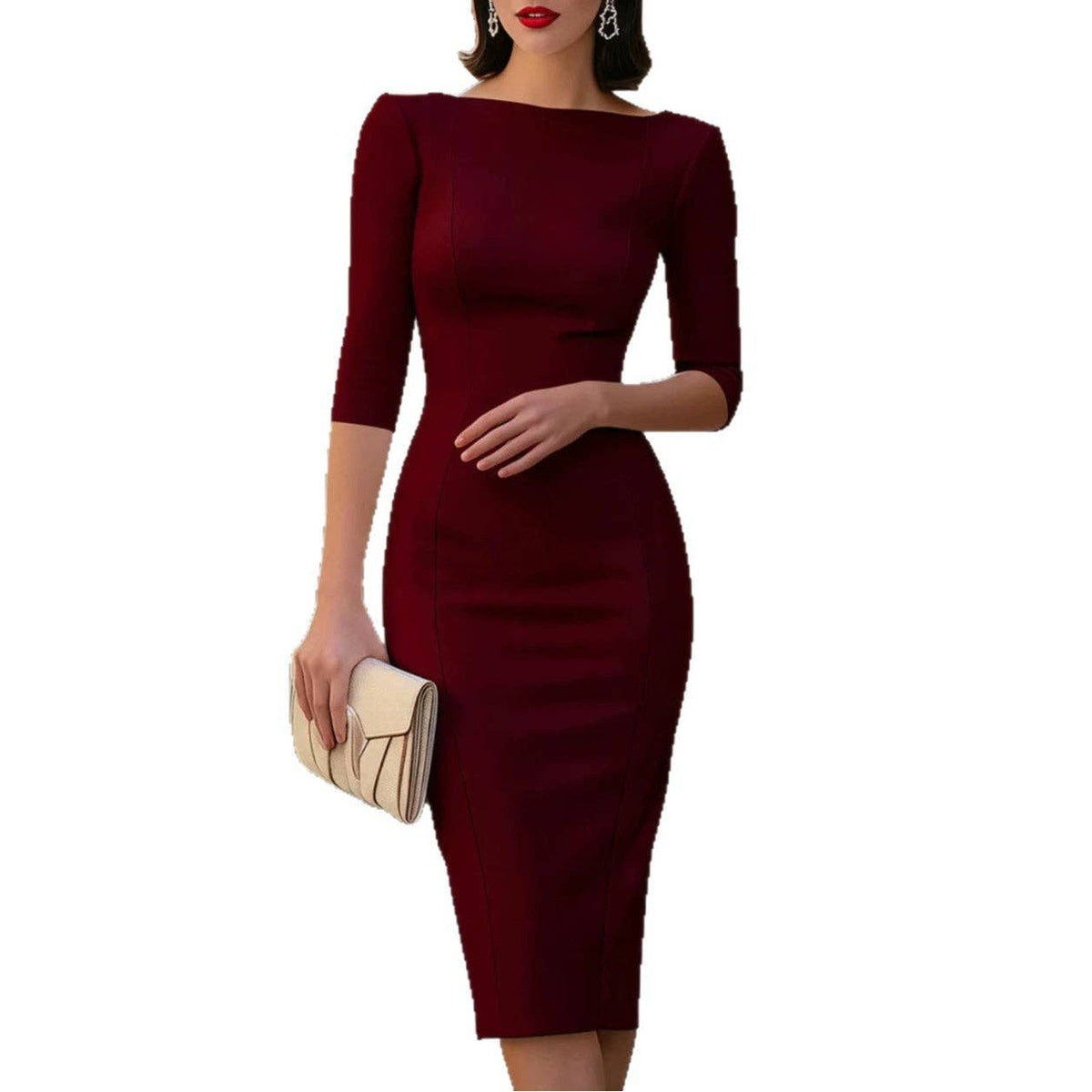 Three-Quarter-Sleeve Bodycon Midi Dress
